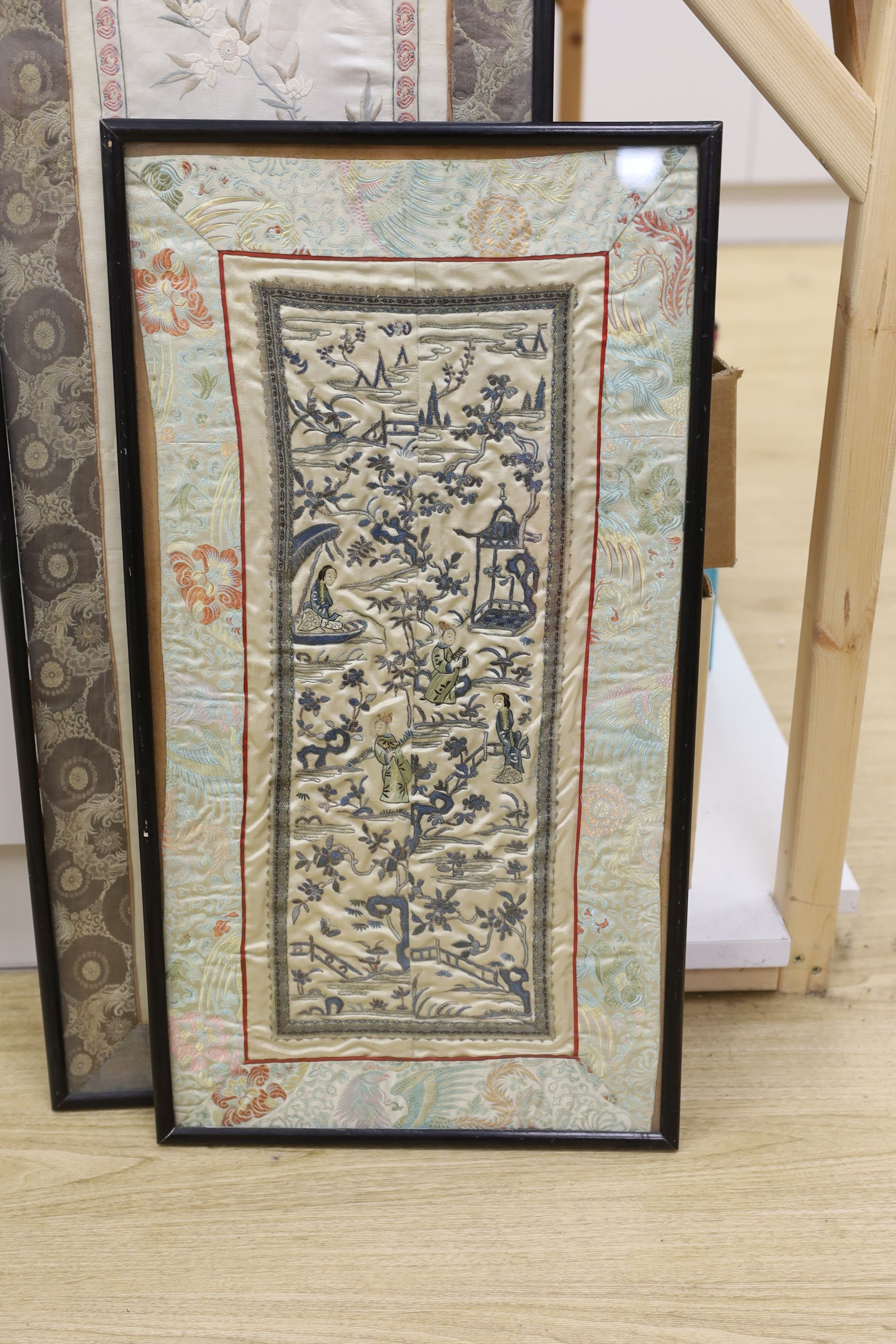 Two Chinese embroideries and two Chinese printed fans (framed)